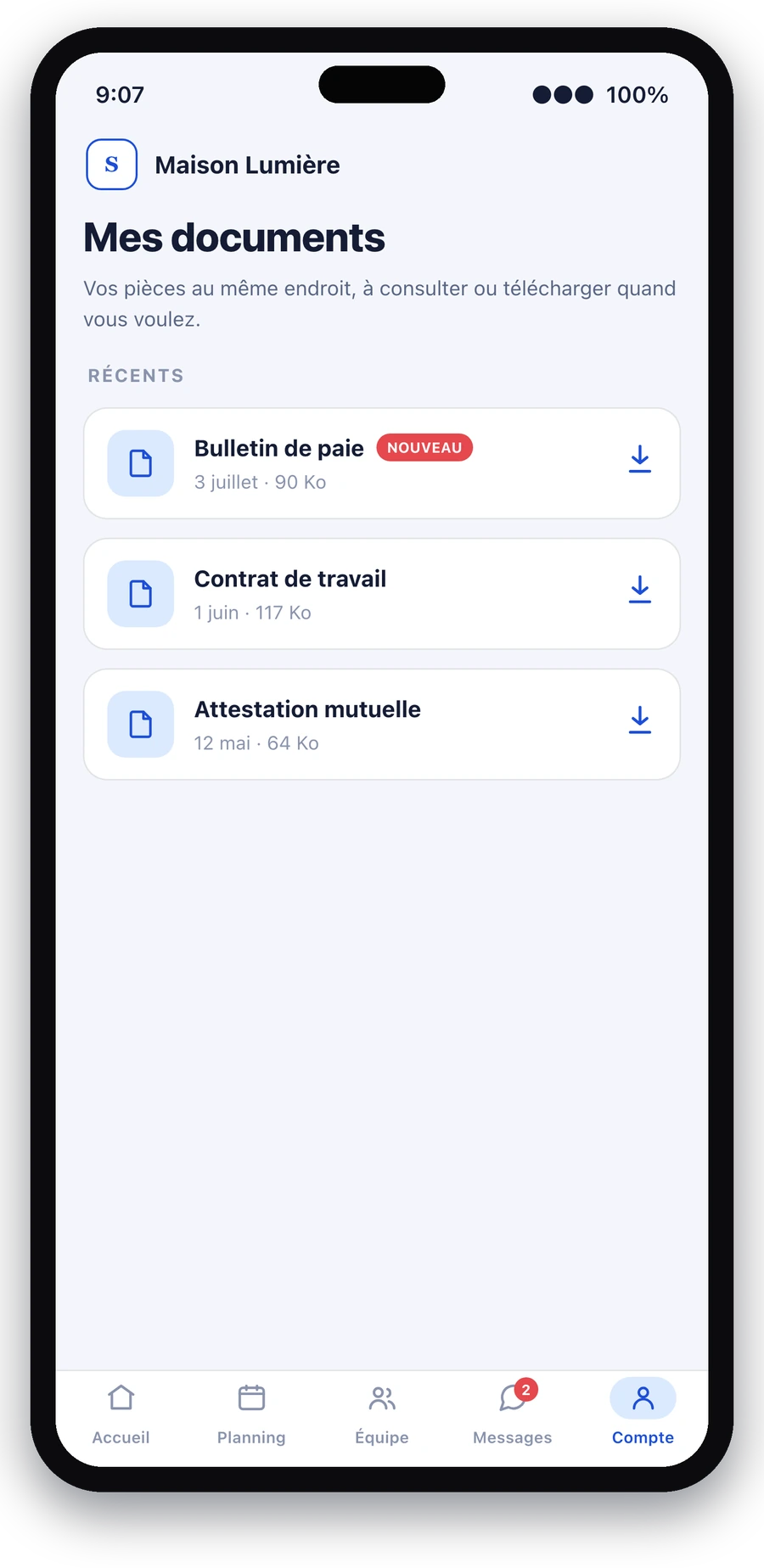 L'espace documents du salarié dans Staff, affiché sur un iPhone