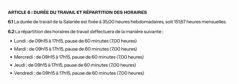 L’article du contrat sur la durée du travail et la répartition de la semaine