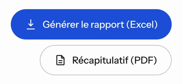 Les deux boutons d’export du rapport : Générer le rapport (Excel) et Récapitulatif (PDF)