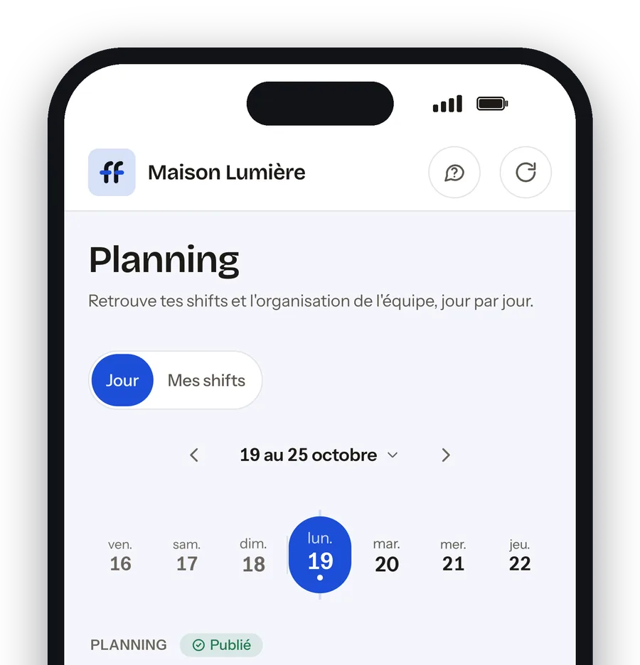 Le planning sur le téléphone d’un salarié : la semaine du 19 au 25 octobre, publiée, le lundi 19 sélectionné